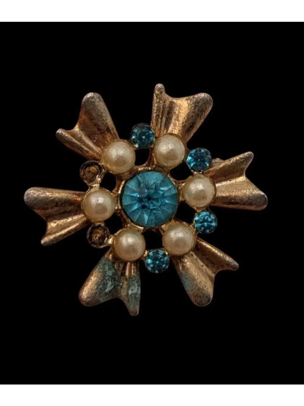 Vintage Atomic Sunburst Brooch Blue Gold Retro Mid Century Pin